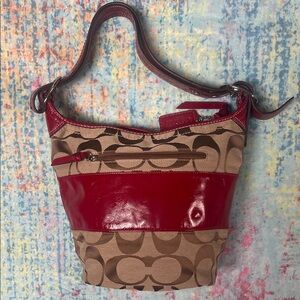 Coach Brown Signature Canvas Shoulder Bag with Red Patent Accent